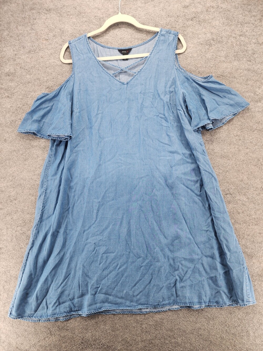 Intro. Dress Womens XL V Neck Cold Shoulder A Line Blue Lyocell